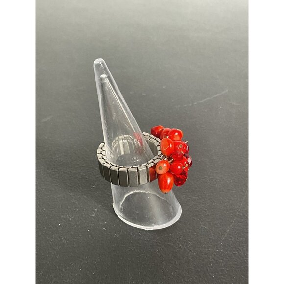 Stretchy Cluster Red Bead Ring With Adjustable Band And Stainless Steel Accents - Picture 3 of 5